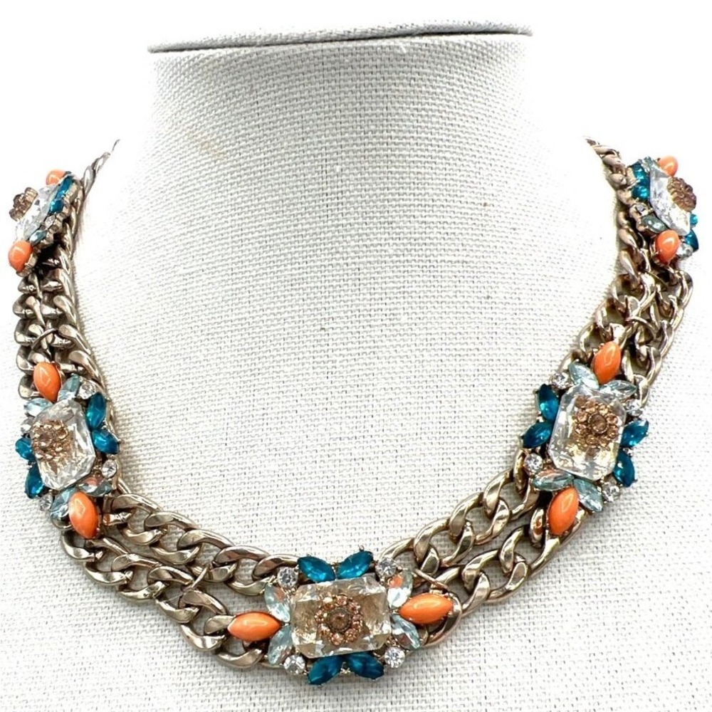 Double Chain Chunky Rhinestones Necklace Orange Teal Gold Tone Biker Babe Funky